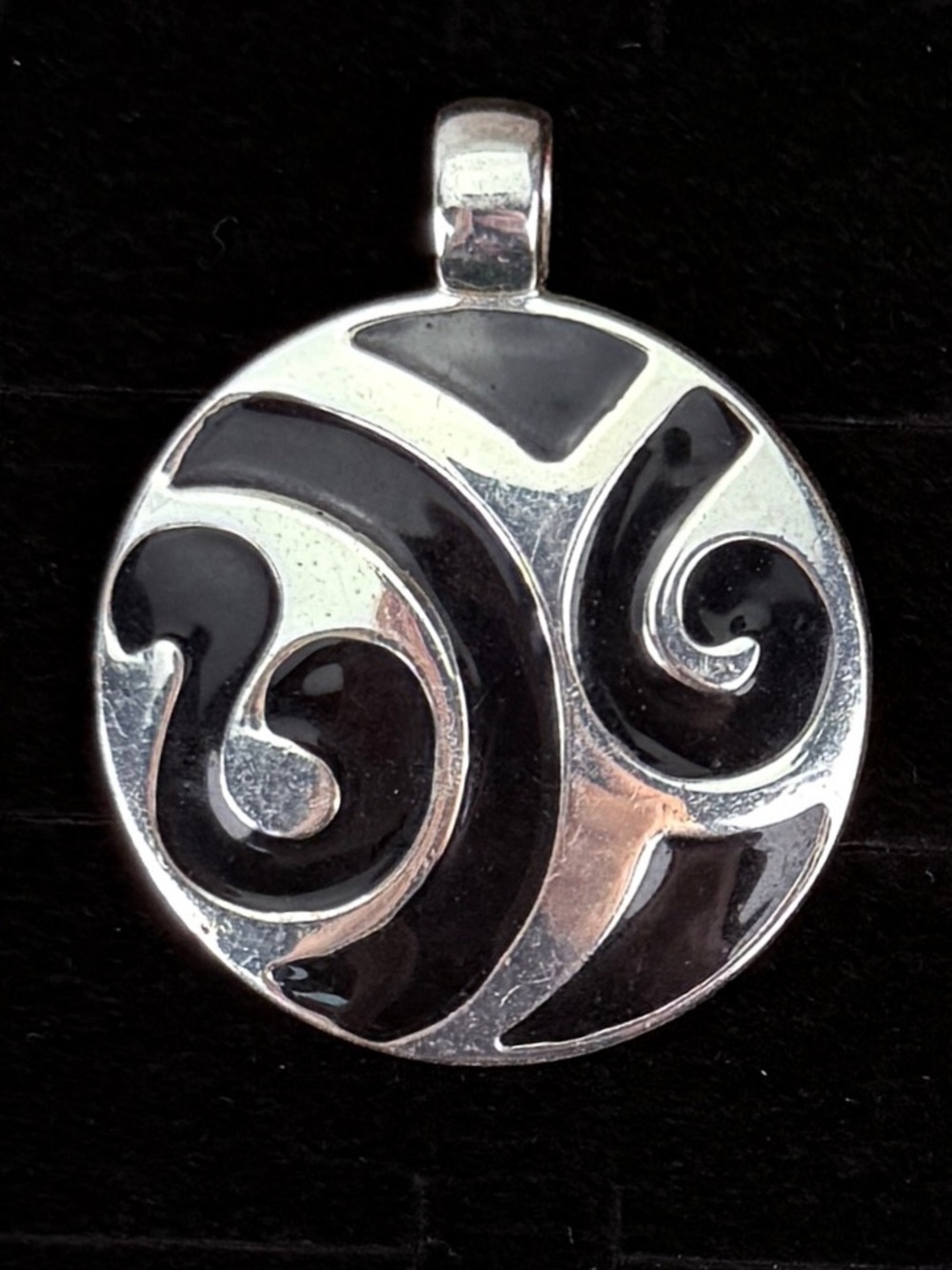 Vintage Black Enamel Swirl Round Pendant Statement Necklace Charm